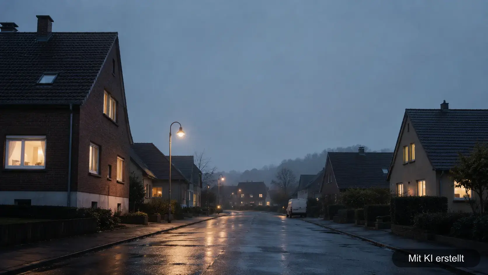 Wohnstraße bei Dämmerung – Symbolbild für das Einsatzgebiet von Hansa Konrad Solutions (KI-generierte Darstellung)